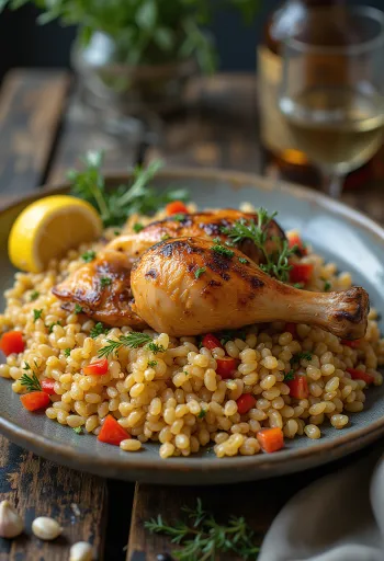 Roasted chicken legs served over a bed of farro salad