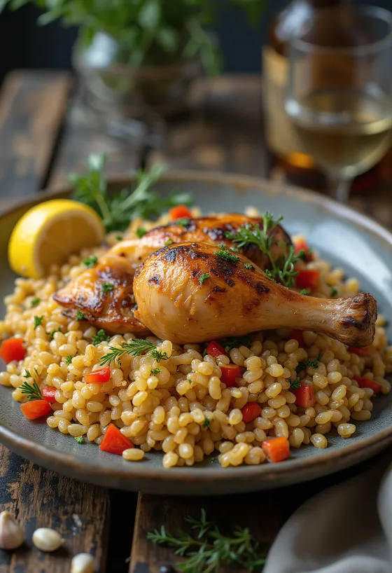 Roasted chicken legs served over a bed of farro salad
