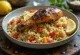 Roasted chicken legs served over a bed of farro salad