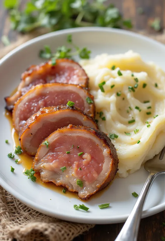 Smoked pork shoulder served with creamy mashed potatoes