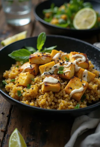 Curry quinoa stir-fry with grilled tofu and tahini