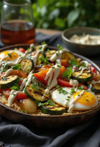 Grilled vegetables drizzled with tahini dressing and parsley