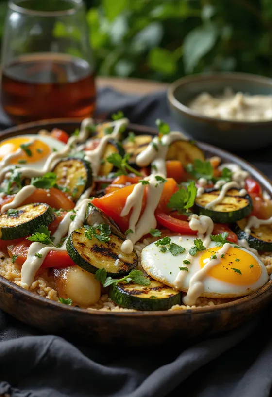 Grilled vegetables drizzled with tahini dressing and parsley