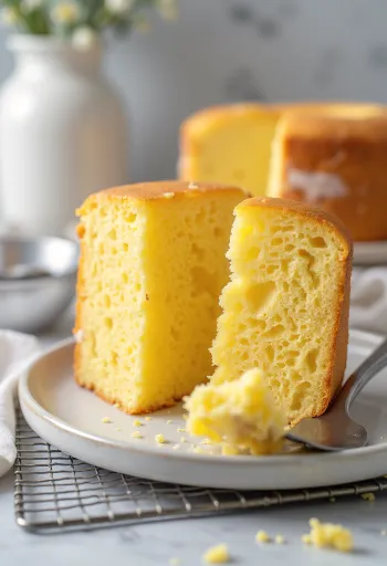 Slices of fluffy sponge cake with a golden top