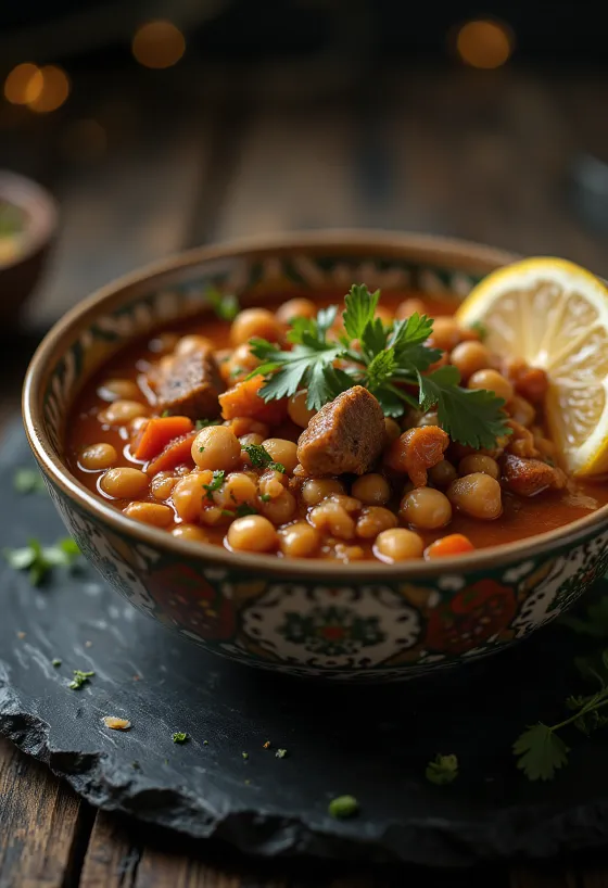 Moroccan harira with lamb served in a rustic bowl