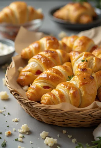 Freshly baked pizza crescent rolls with melted cheese and tomato filling.