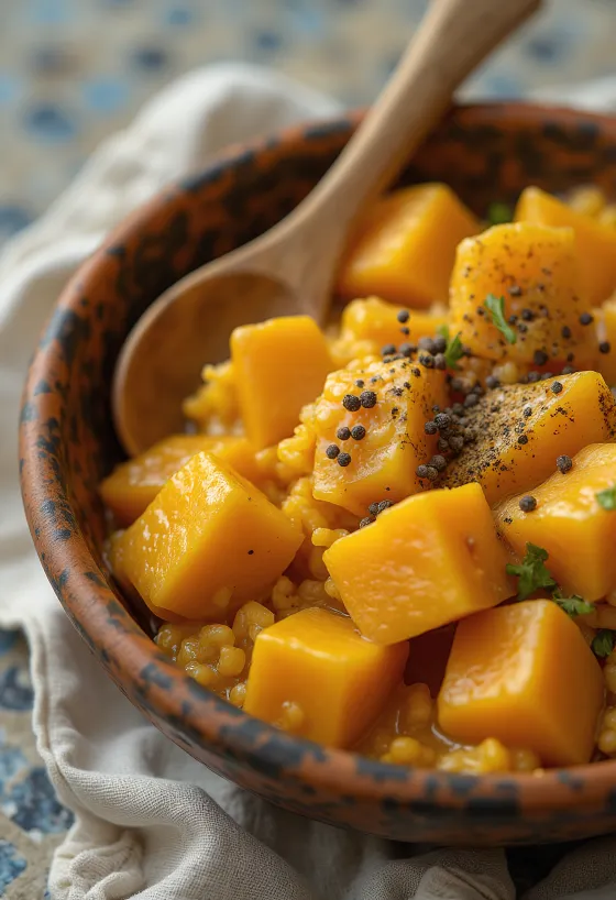 Pumpkin curry with sweet potato served