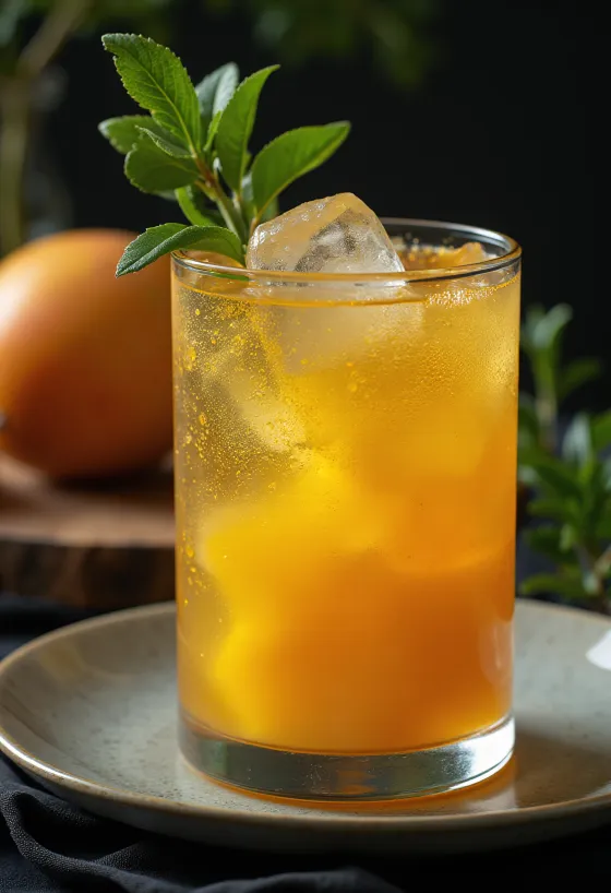 Australian mango cider in a glass decorated with lime
