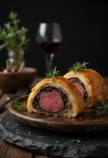 Beef Wellington served on a plate