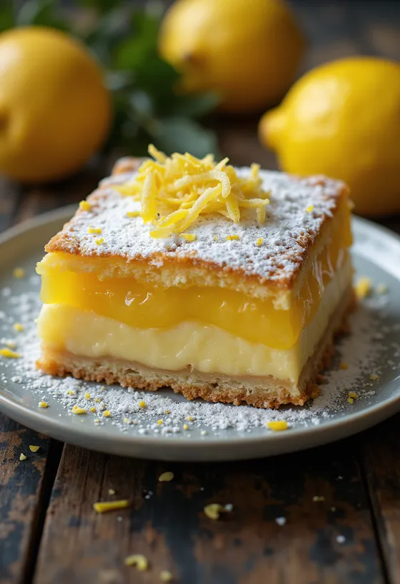 Lemon cream bars dusted with powdered sugar