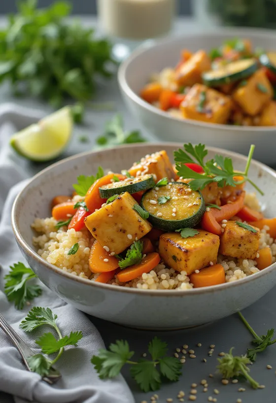 Grilled tofu stir-fry with curried quinoa base