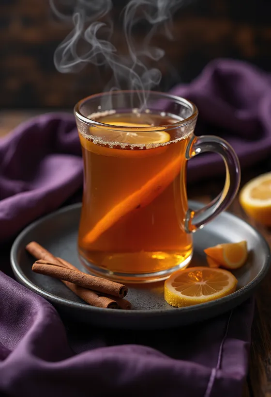 Hot Toddy in a glass mug with cinnamon stick and lemon slice