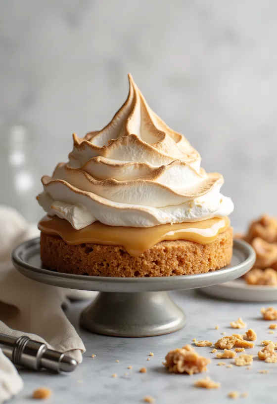 Caramel meringue cake toasted with torch