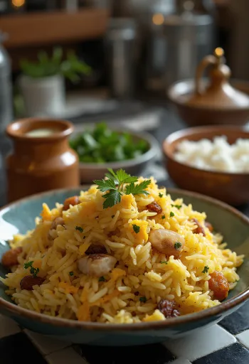 Kashmiri Pulao, rich spiced rice with almonds and raisins, served with fresh cilantro