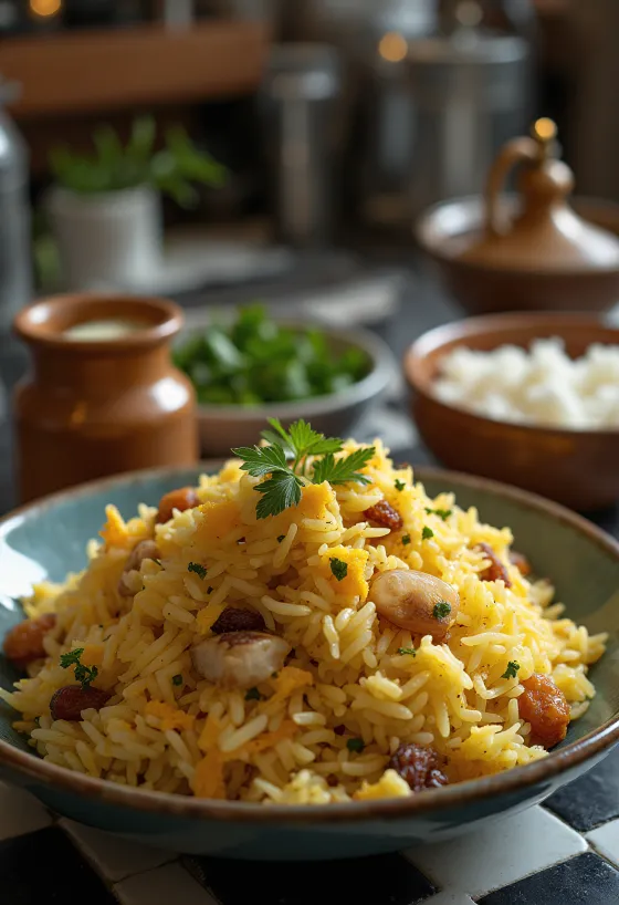 Kashmiri Pulao, rich spiced rice with almonds and raisins, served with fresh cilantro