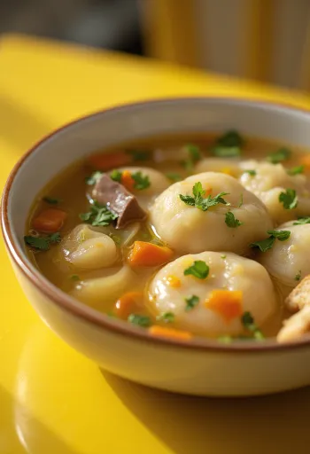 Traditional liver dumpling soup served with vegetables and parsley.