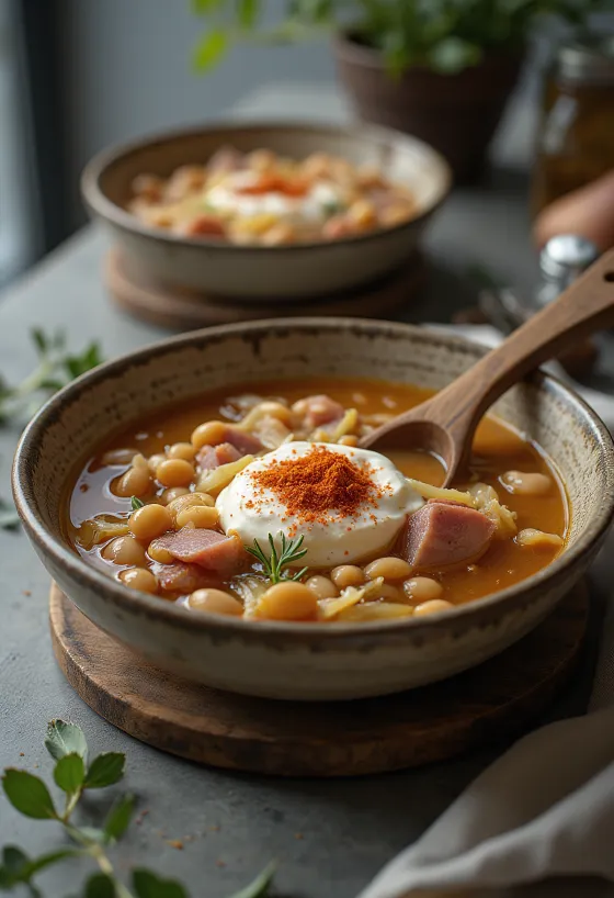 Hearty bean and sauerkraut soup with smoked meat and herbs.