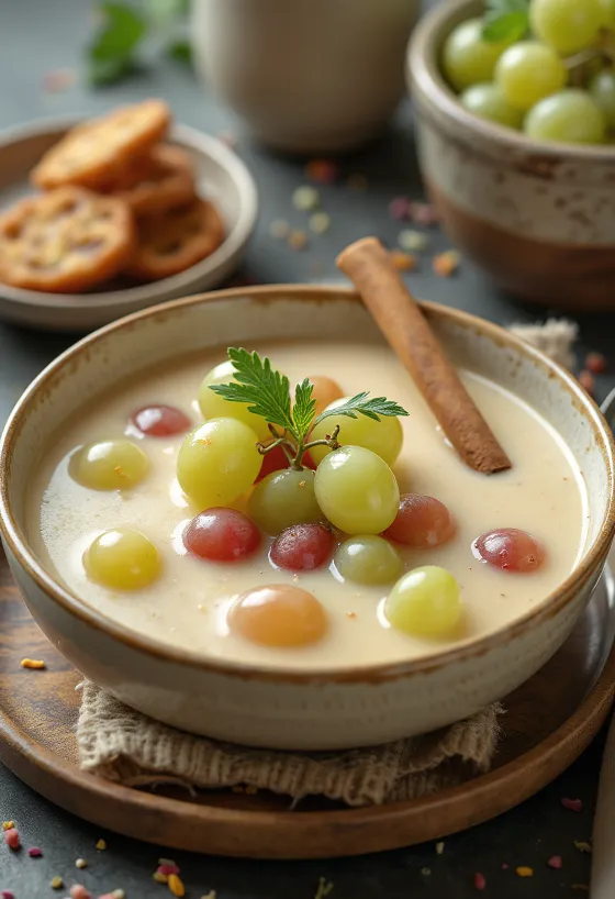 Refreshing grape soup garnished with fresh grapes and mint.