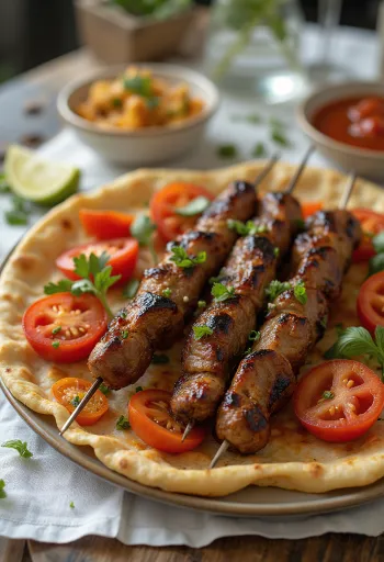 Grilled Urfa kebab skewers served with flatbread and vegetables