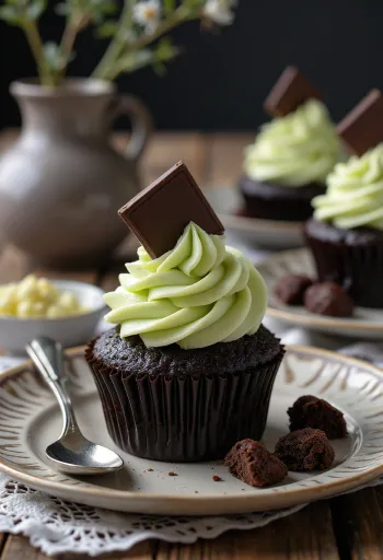 Mint chocolate cupcakes served on a plate