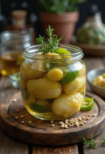 Jar of spicy pickled artichokes