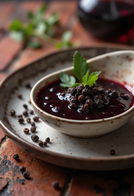 Red wine peppercorn sauce served on a plate