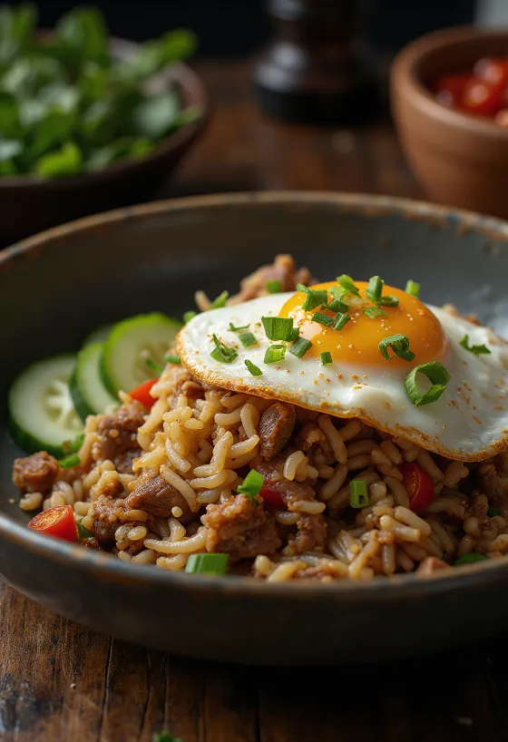 Nasi Goreng with beef and fried egg