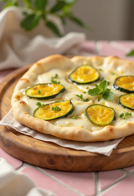 Pizza with squash blossoms and ricotta cheese