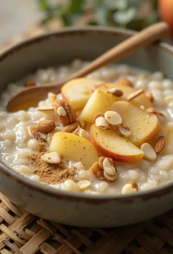 Prebiotic apple-almond oatmeal served with cinnamon and fresh almonds