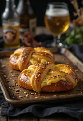 Soft pretzel topped with melted smoked cheese