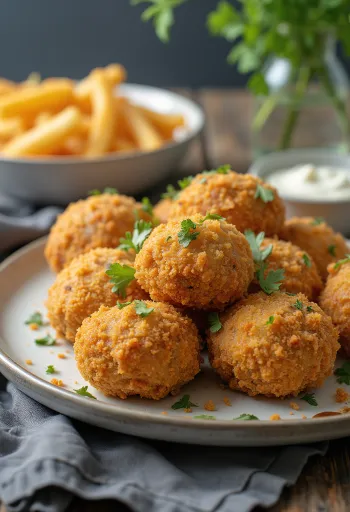 Golden brown fried mushroom caps with tartar sauce.