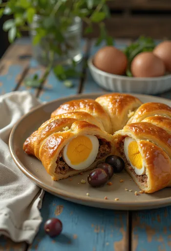 Salteña with hard-boiled egg, meaty filling, served with fresh cilantro