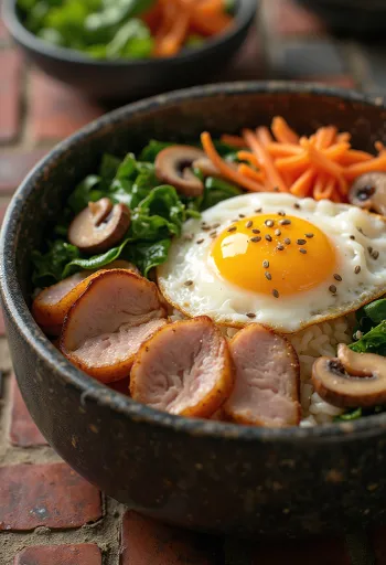 Bibimbap with pork, Korean bowl dish with rice and vegetables