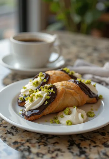Cannoli with chocolate dipped ends, sprinkled with pistachios, filled with fine ricotta cream