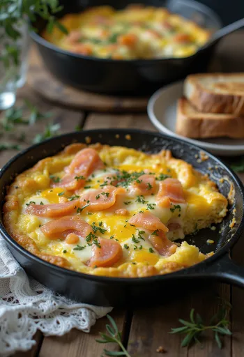 Frittata with smoked salmon and dill, golden brown dish