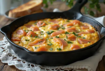 Frittata with smoked salmon and dill, golden brown dish
