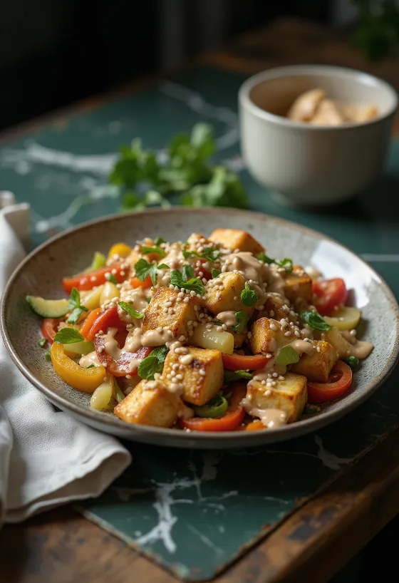 Grilled tofu stir-fry with tahini