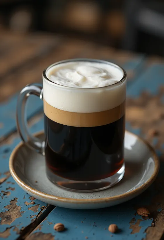 Irish Coffee in a stemmed glass topped with cream