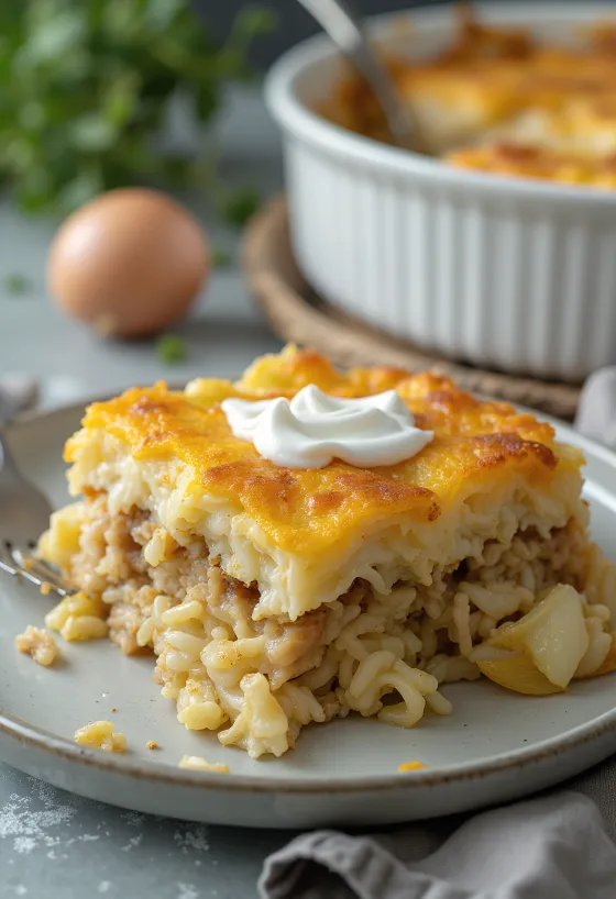 Layered Savoy cabbage casserole with juicy ground pork and tender rice