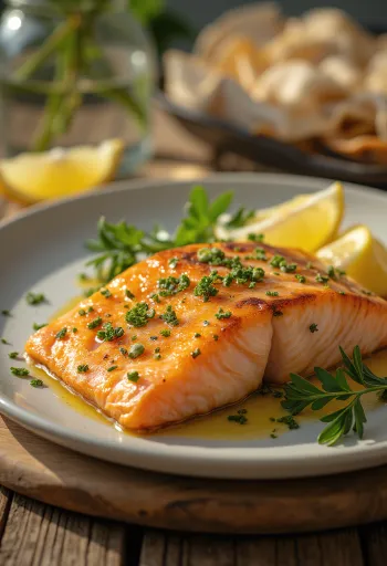 Baked salmon fillet with crispy skin and lemon slices.