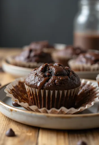 Double chocolate muffins with chocolate chips, baked golden brown
