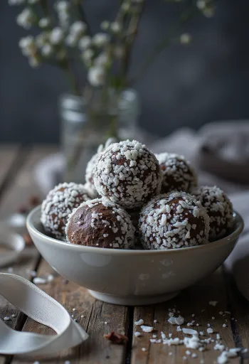 Snowy chocolate truffles rolled in coconut