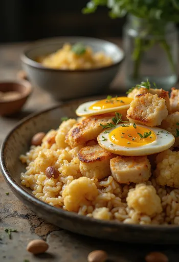 Maqluba with chicken – layered rice, fried vegetables and chicken inverted
