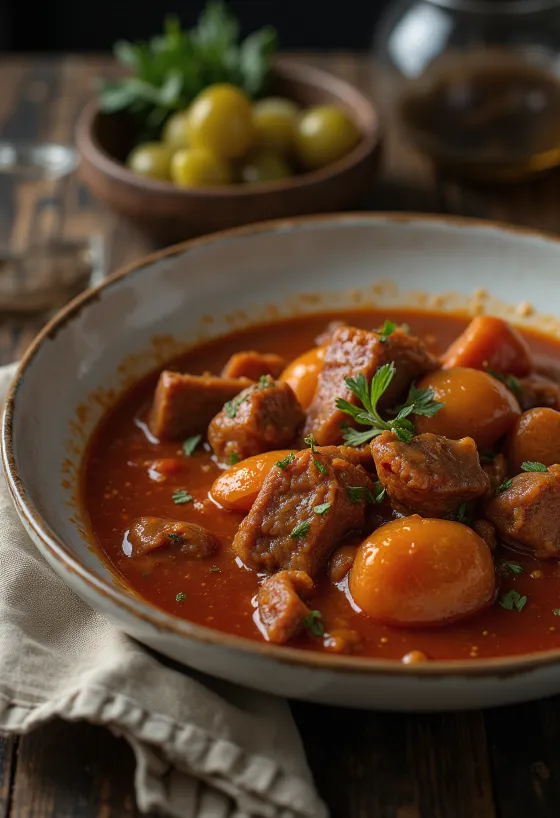 Stew with juicy meat cubes served in spicy paprika sauce