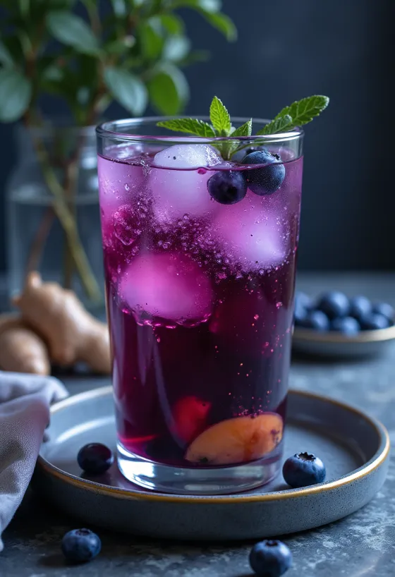 Glass of blueberry ginger kombucha with ice and fresh berries