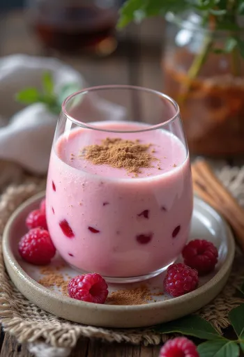 Spiced raspberry kefir smoothie in a glass garnished with fresh raspberry
