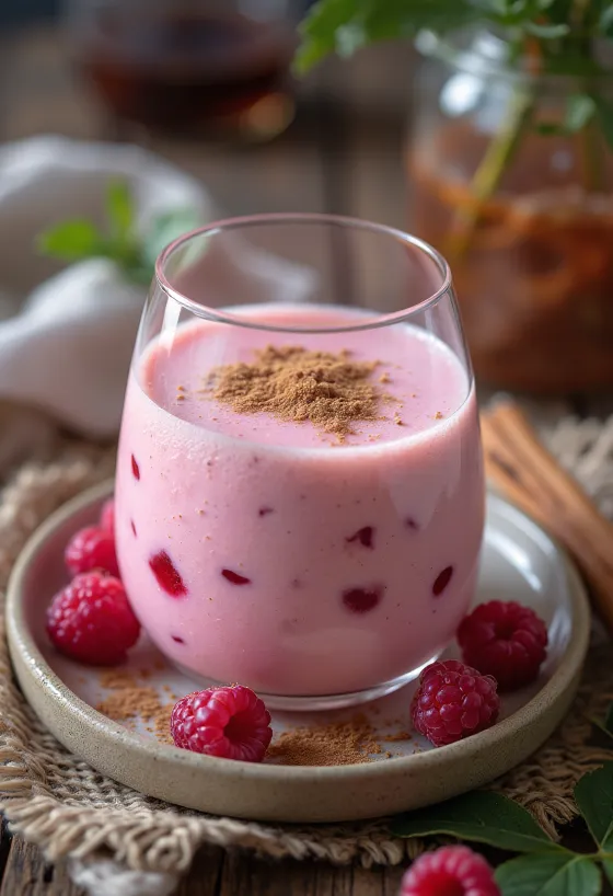 Spiced raspberry kefir smoothie in a glass garnished with fresh raspberry