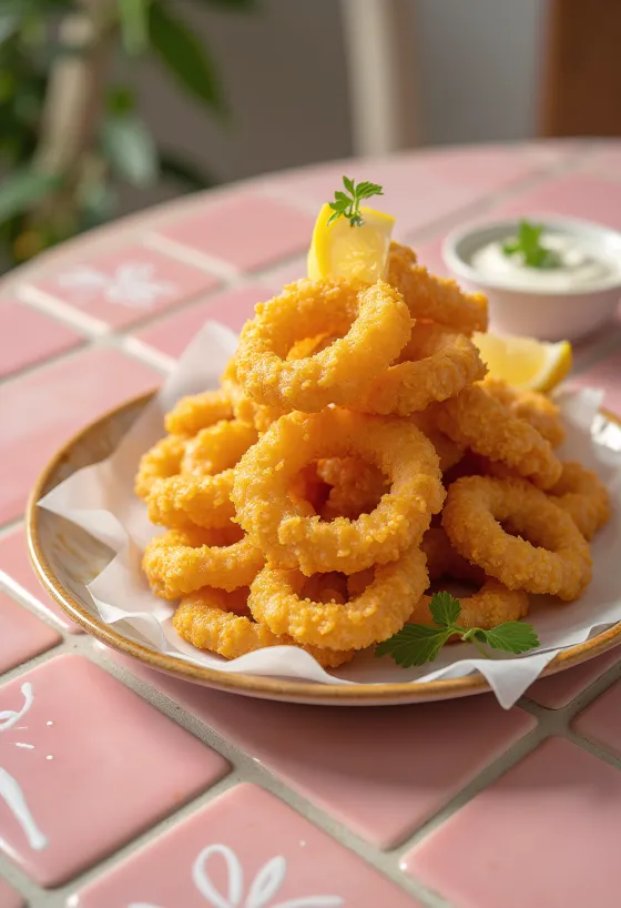Golden fried calamari rings served with fresh lemon slices on a plate.