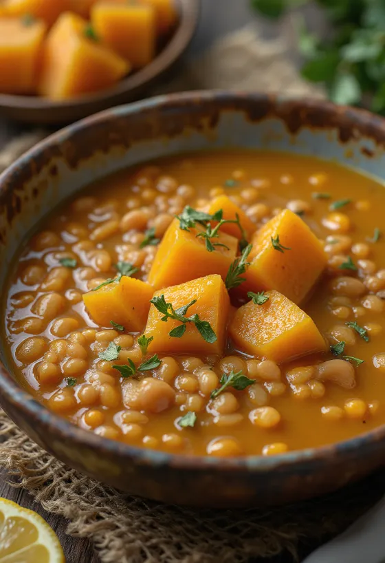 Pumpkin lentil soup served