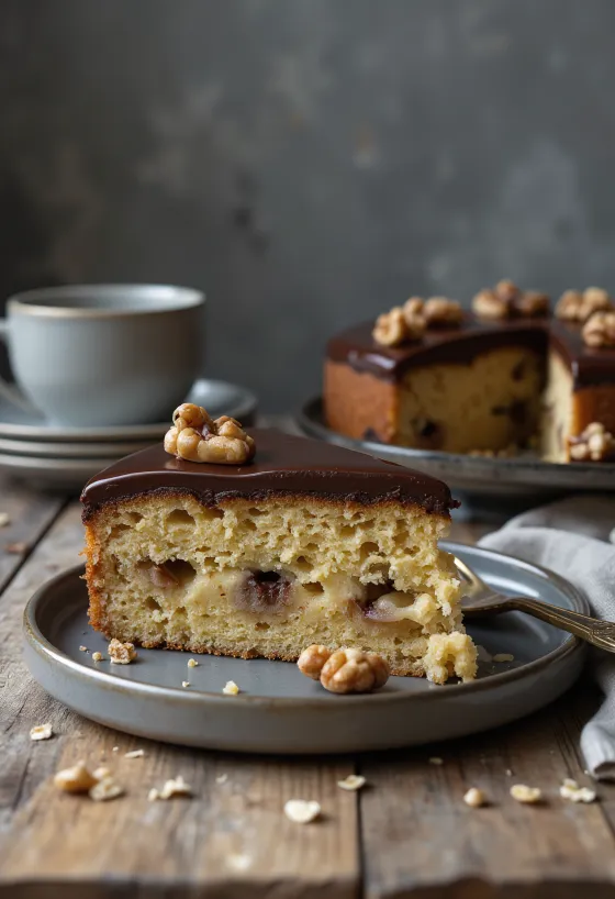 Oatmeal punch cake with chocolate coating and apricot jam layer